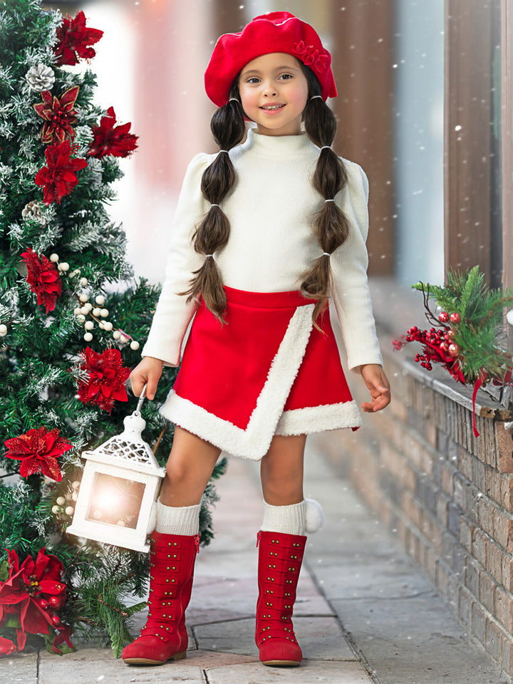 Ivory Turtleneck Top and Red Fur Trimmed Skort Set Mia Belle Girls