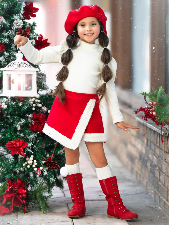 Ivory Turtleneck Top and Red Fur Trimmed Skort Set Mia Belle Girls