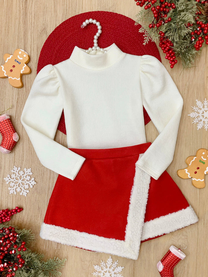 Ivory Turtleneck Top and Red Fur Trimmed Skort Set Mia Belle Girls