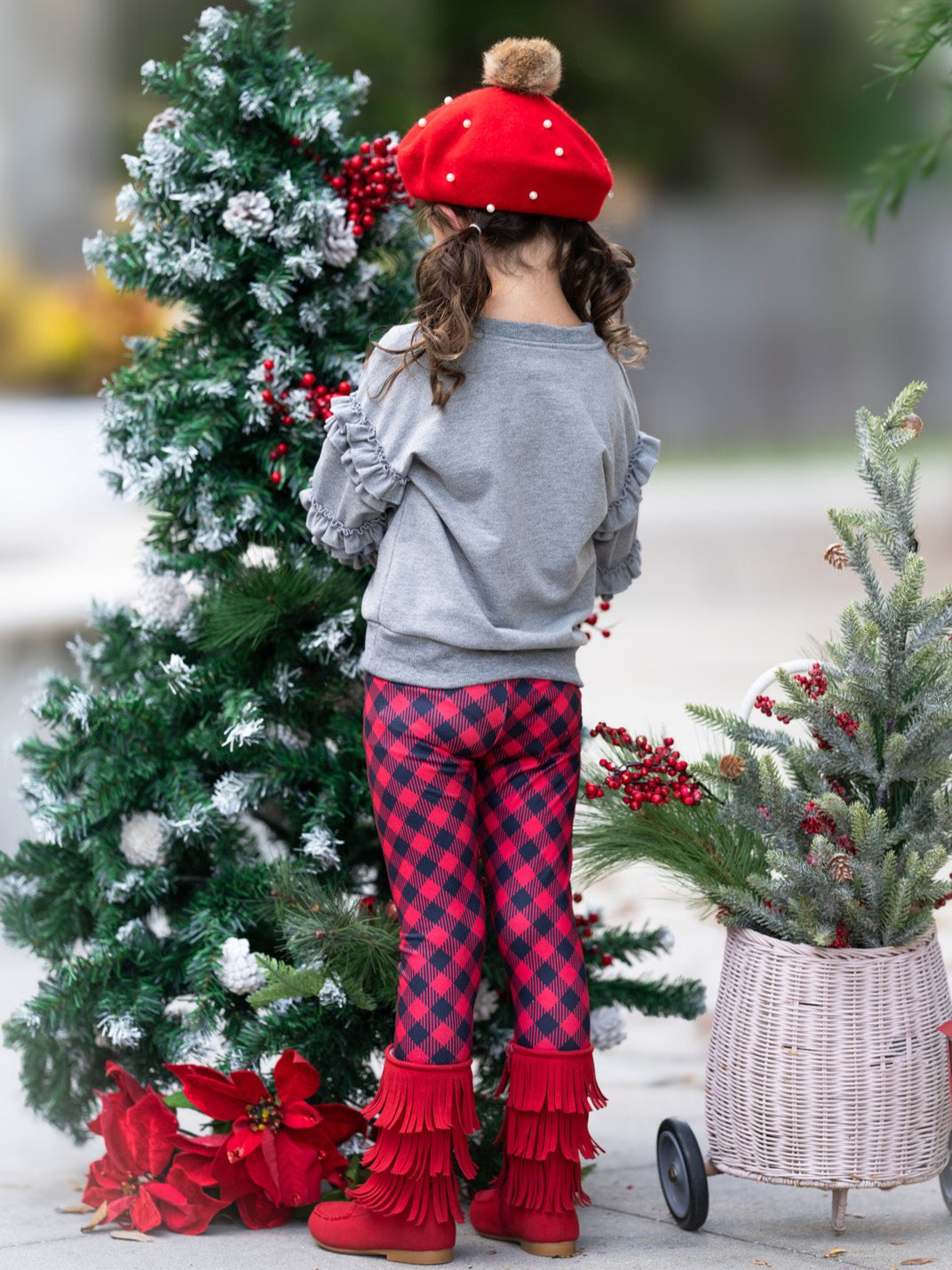 Reindeer Delight Ruffle Top and Buffalo Plaid Legging Set Mia Belle Girls