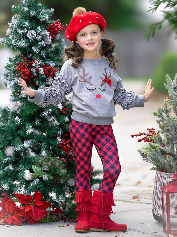 Reindeer Delight Ruffle Top and Buffalo Plaid Legging Set Mia Belle Girls