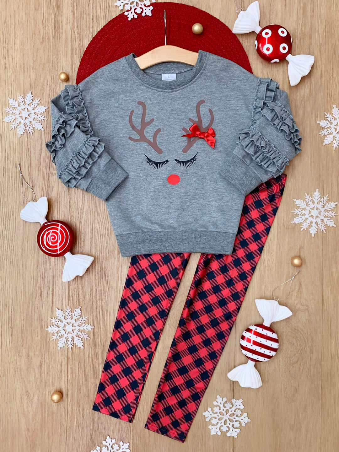 Reindeer Delight Ruffle Top and Buffalo Plaid Legging Set Mia Belle Girls