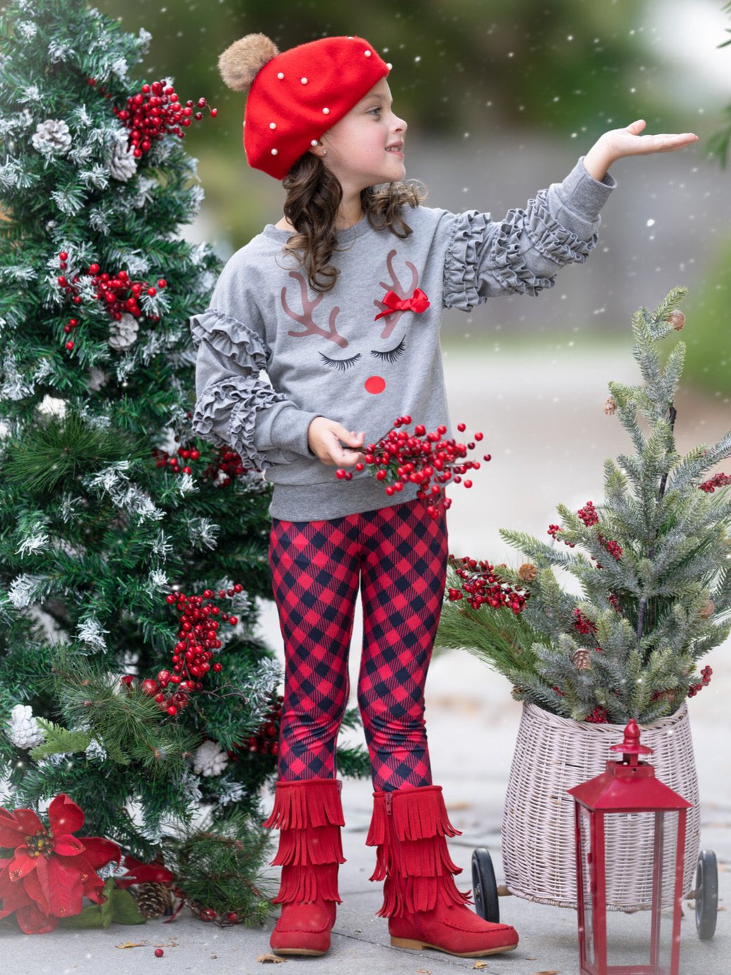 Reindeer Delight Ruffle Top and Buffalo Plaid Legging Set Mia Belle Girls