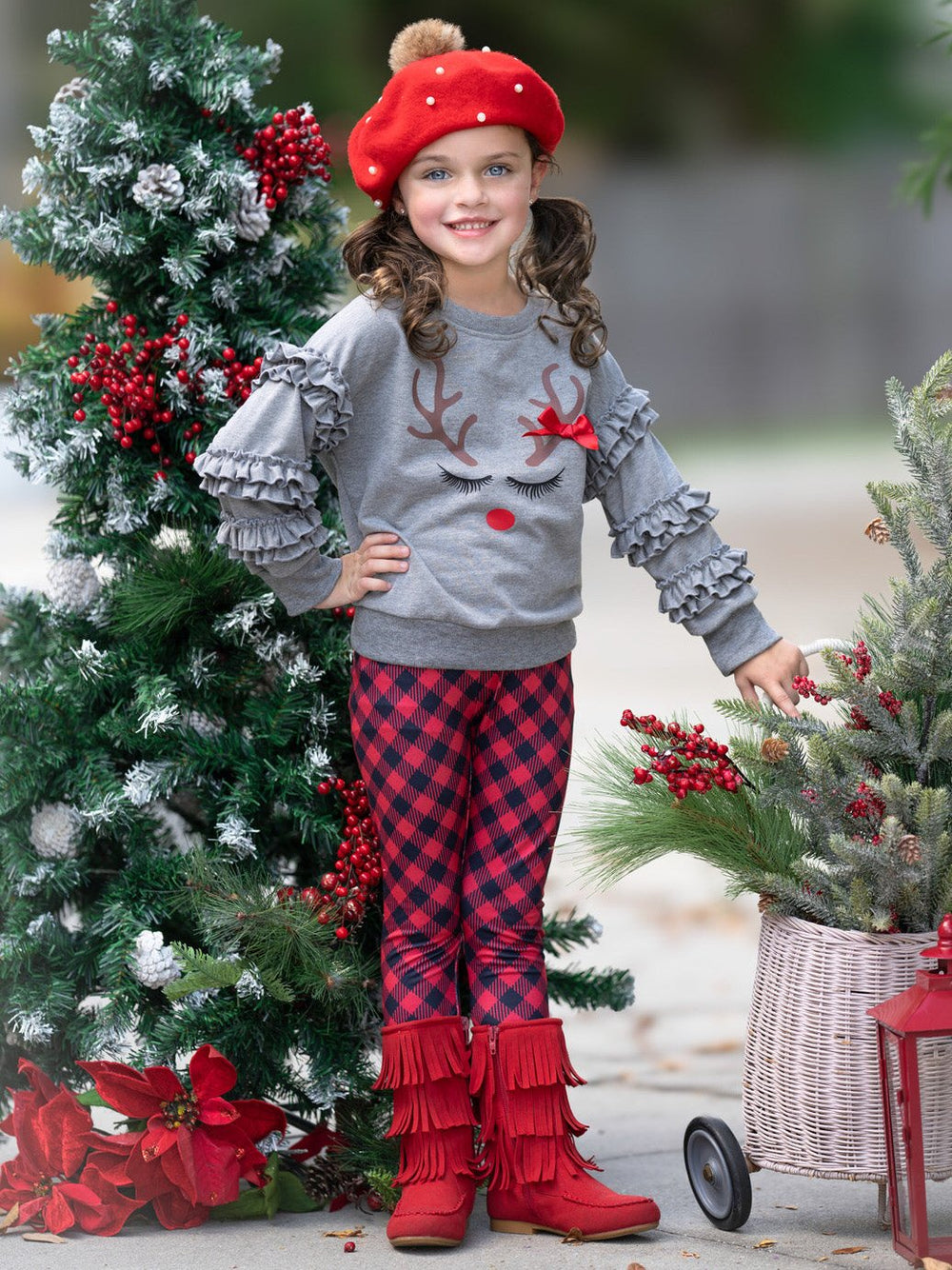 Reindeer Delight Ruffle Top and Buffalo Plaid Legging Set Mia Belle Girls