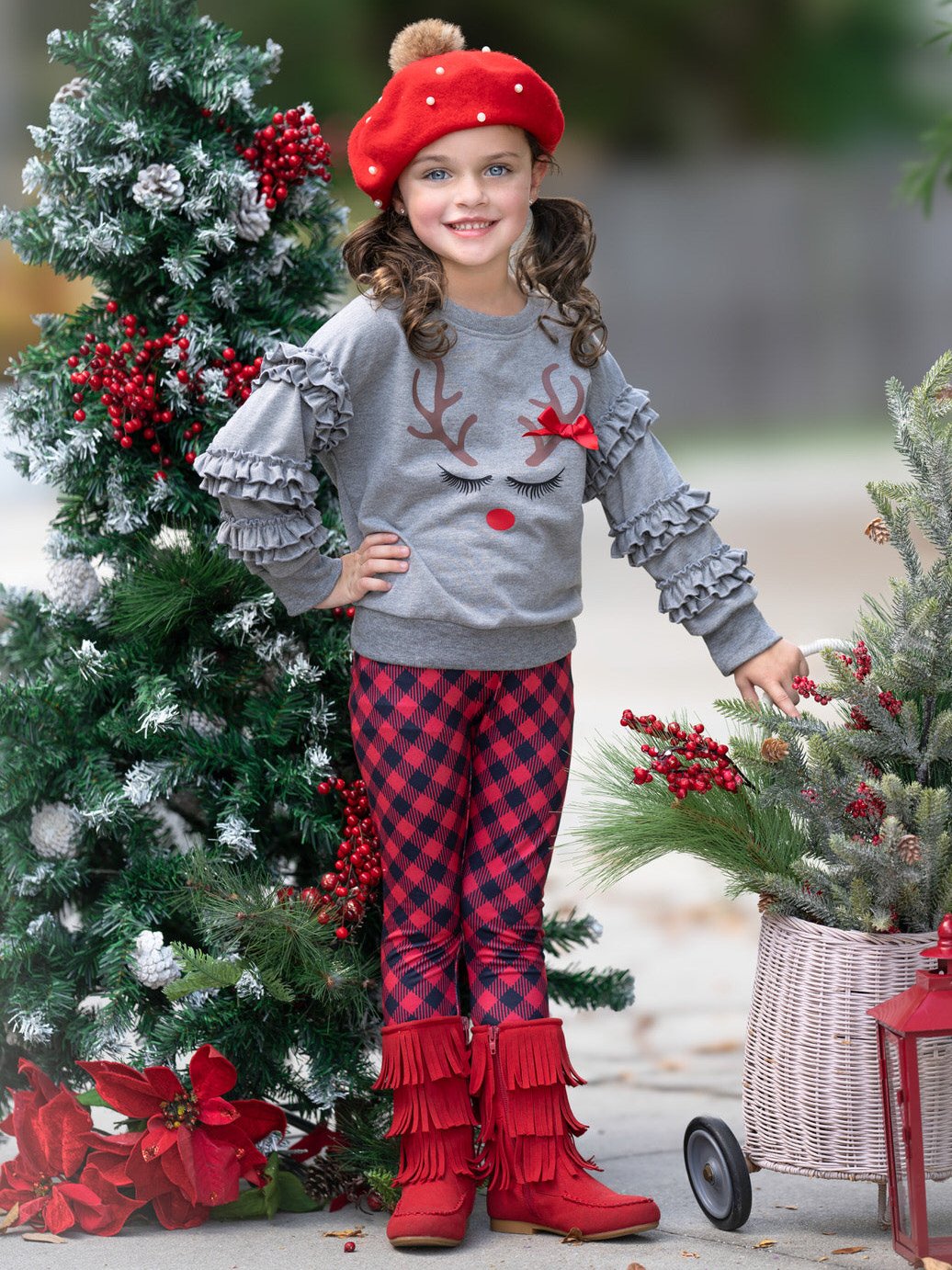 Reindeer Delight Ruffle Top and Buffalo Plaid Legging Set Mia Belle Girls