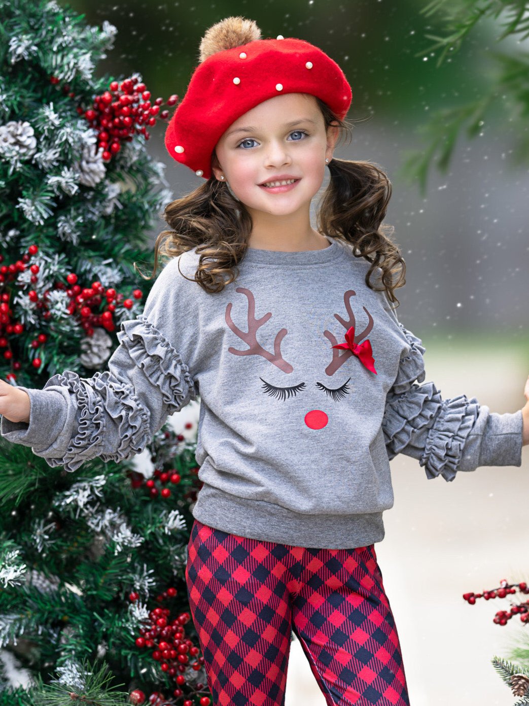 Reindeer Delight Ruffle Top and Buffalo Plaid Legging Set Mia Belle Girls