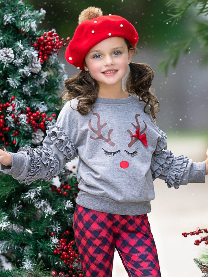 Reindeer Delight Ruffle Top and Buffalo Plaid Legging Set Mia Belle Girls