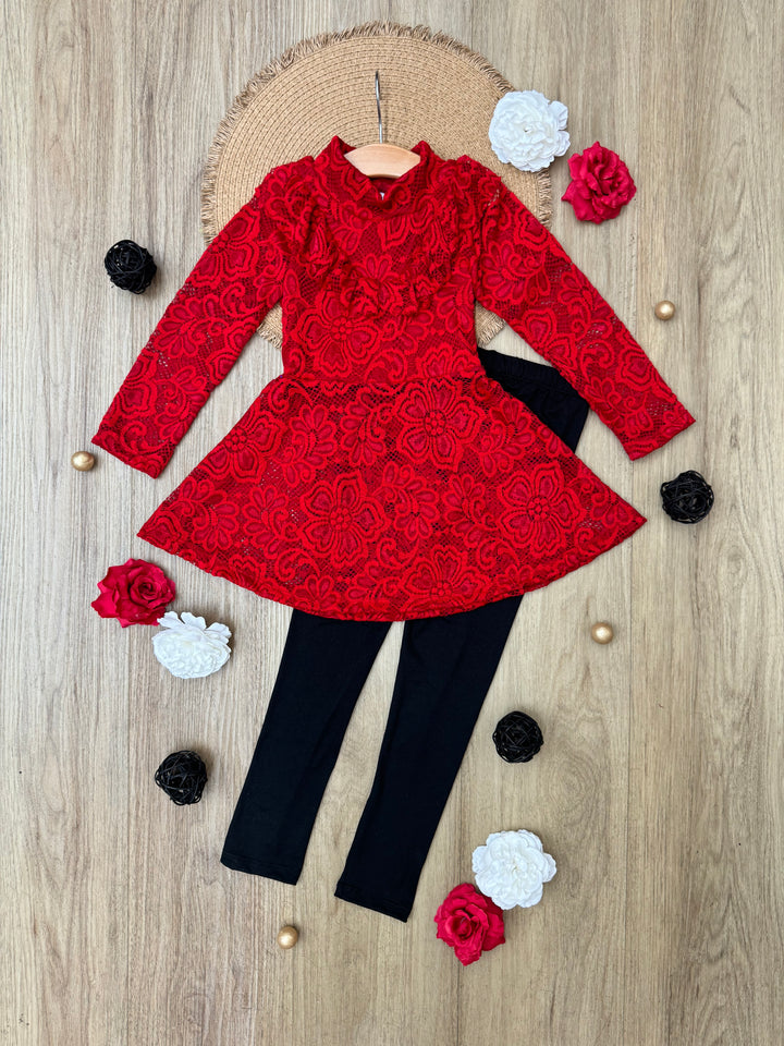 Elegant Lace Long Sleeve Tunic and Legging Set