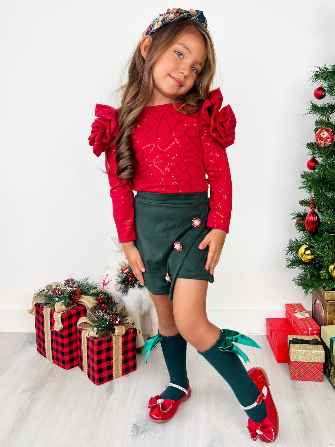 Rosy Daydream Rosette Shoulder Top and Faux Suede Skort Set Mia Belle Girls