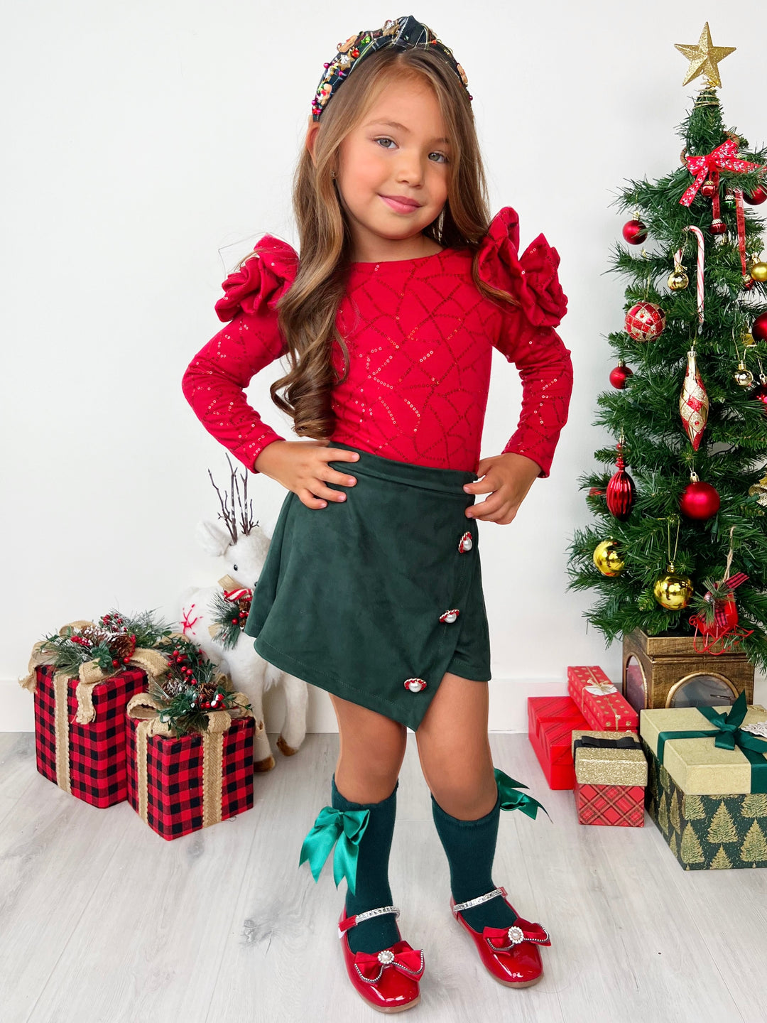 Rosy Daydream Rosette Shoulder Top and Faux Suede Skort Set Mia Belle Girls