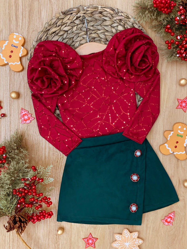 Rosy Daydream Rosette Shoulder Top and Faux Suede Skort Set Mia Belle Girls