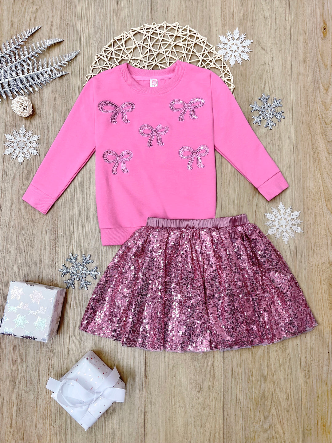 Sparkle Bowtique Sweater and Pink Sequin Skirt Set