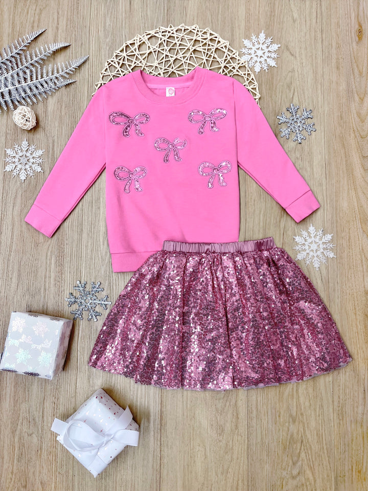 Sparkle Bowtique Sweater and Pink Sequin Skirt Set