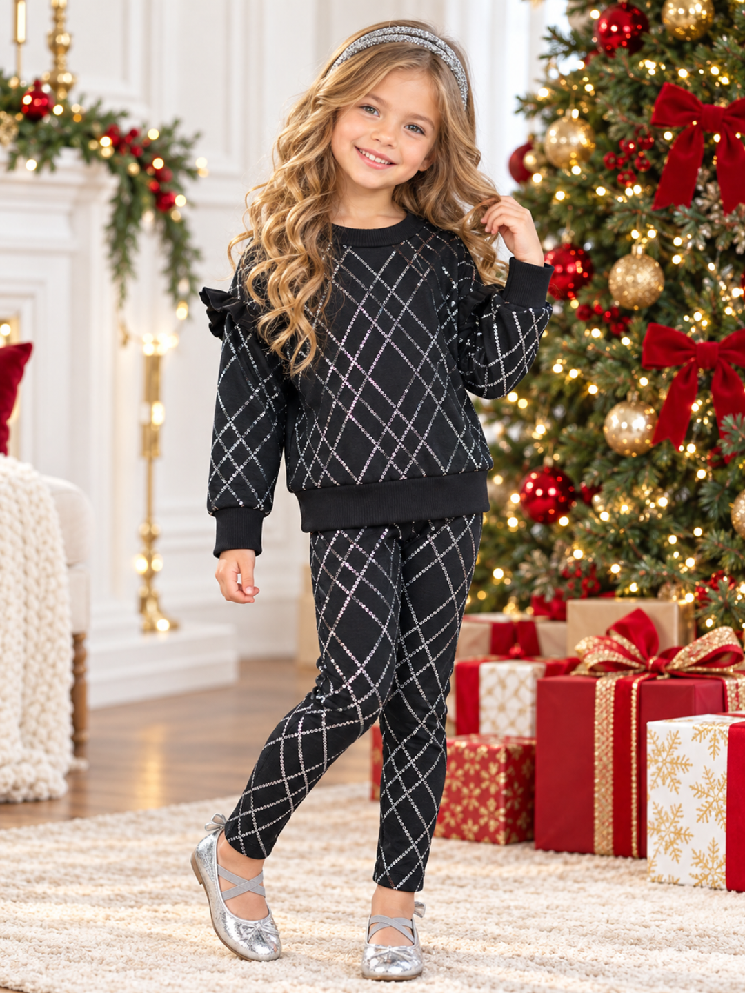 Winter Glam Sequin Ruffle Top and Legging Set