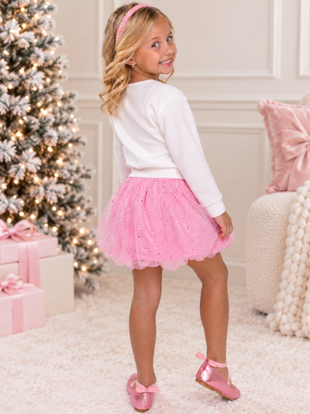 Winter Sparkle Waffle Knit Top and Glitter Bubble Skirt Set