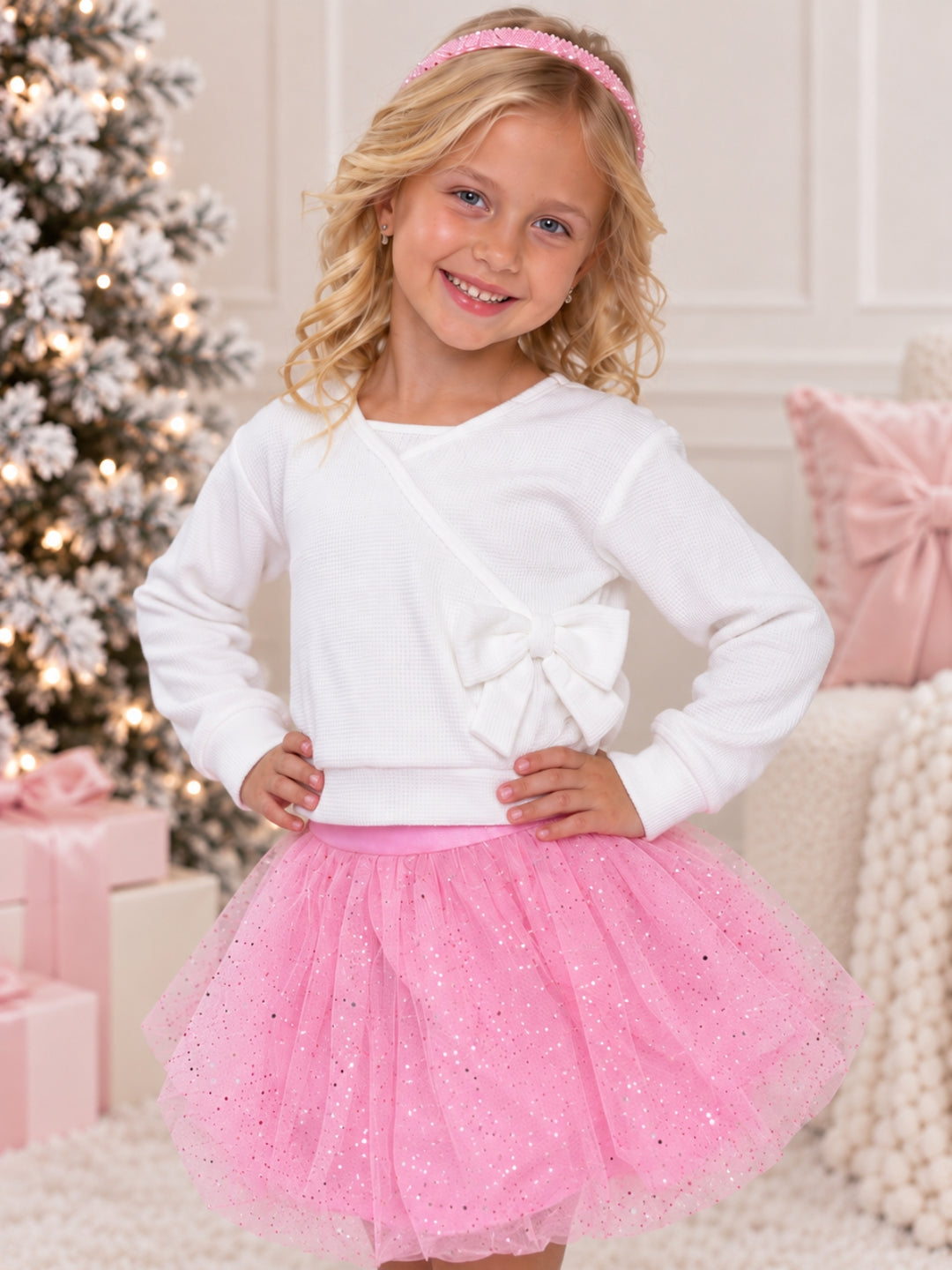 Winter Sparkle Waffle Knit Top and Glitter Bubble Skirt Set