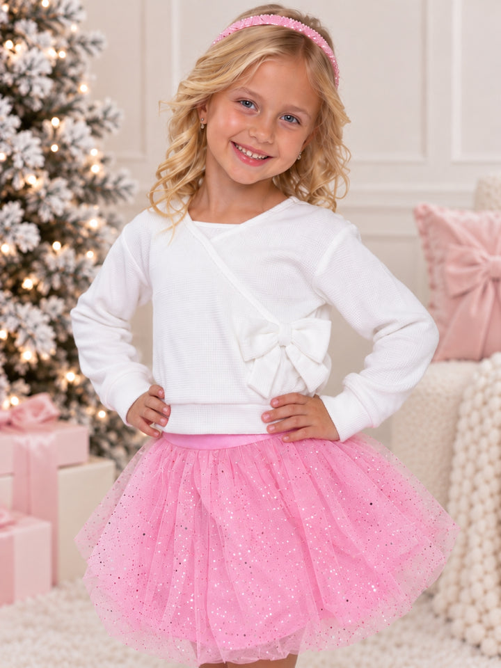 Winter Sparkle Waffle Knit Top and Glitter Bubble Skirt Set