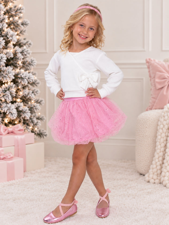 Winter Sparkle Waffle Knit Top and Glitter Bubble Skirt Set