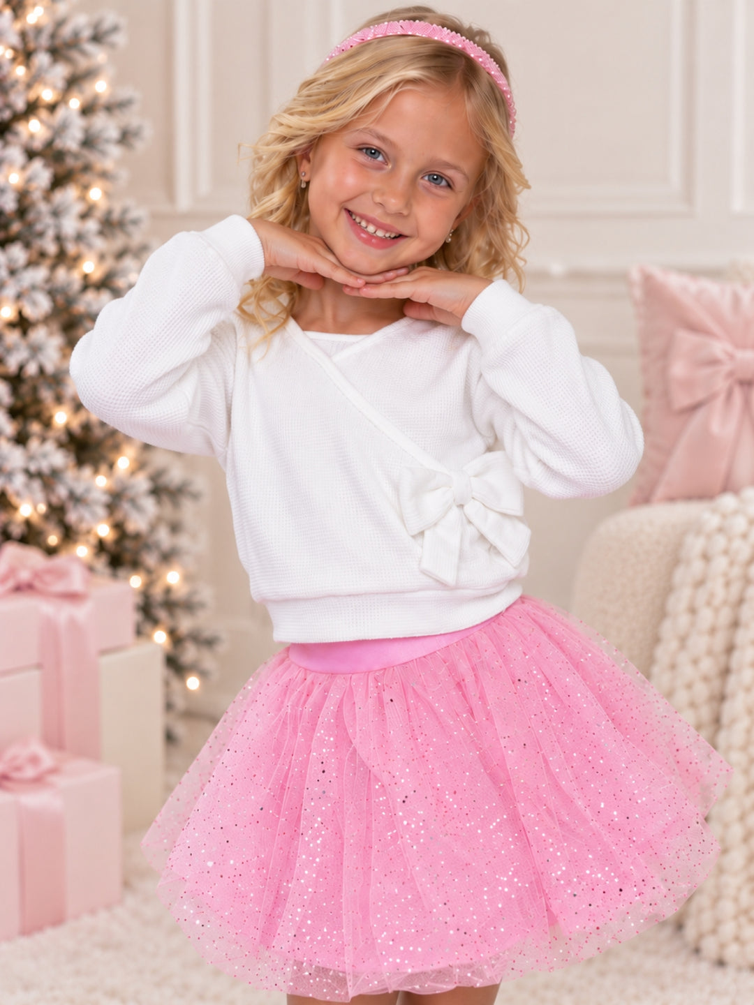 Winter Sparkle Waffle Knit Top and Glitter Bubble Skirt Set