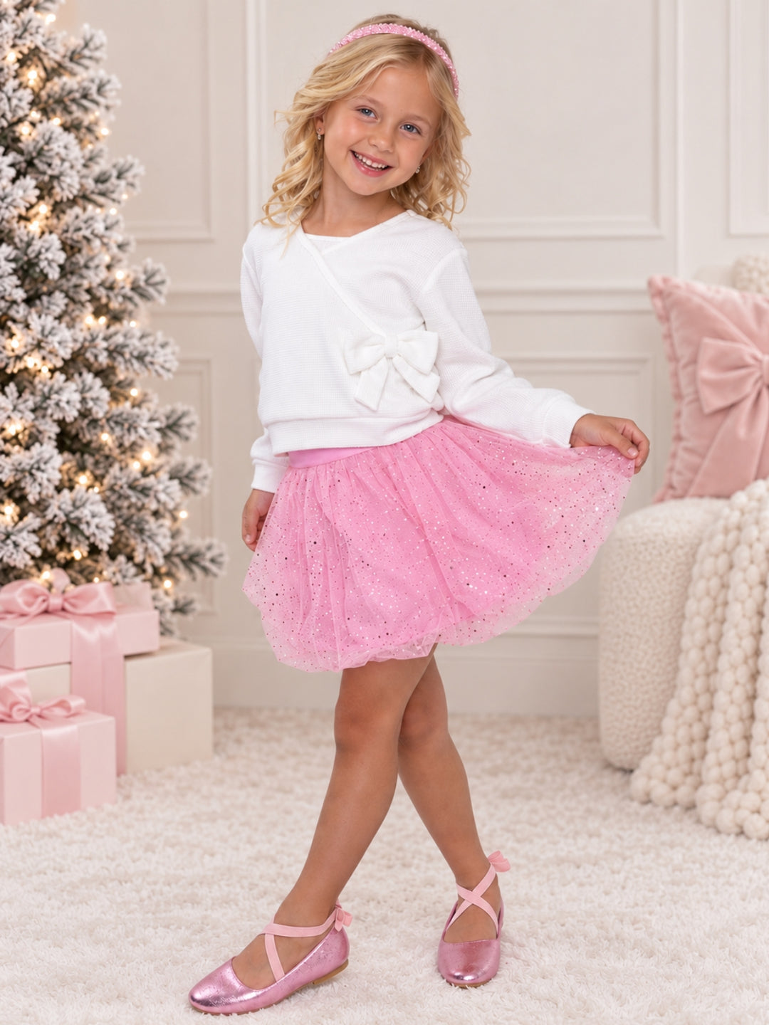 Winter Sparkle Waffle Knit Top and Glitter Bubble Skirt Set