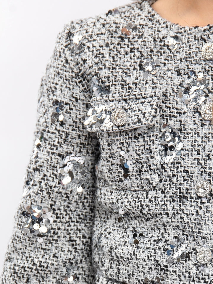 Girls Silver Sequin Tweed Jacket and Skirt Set