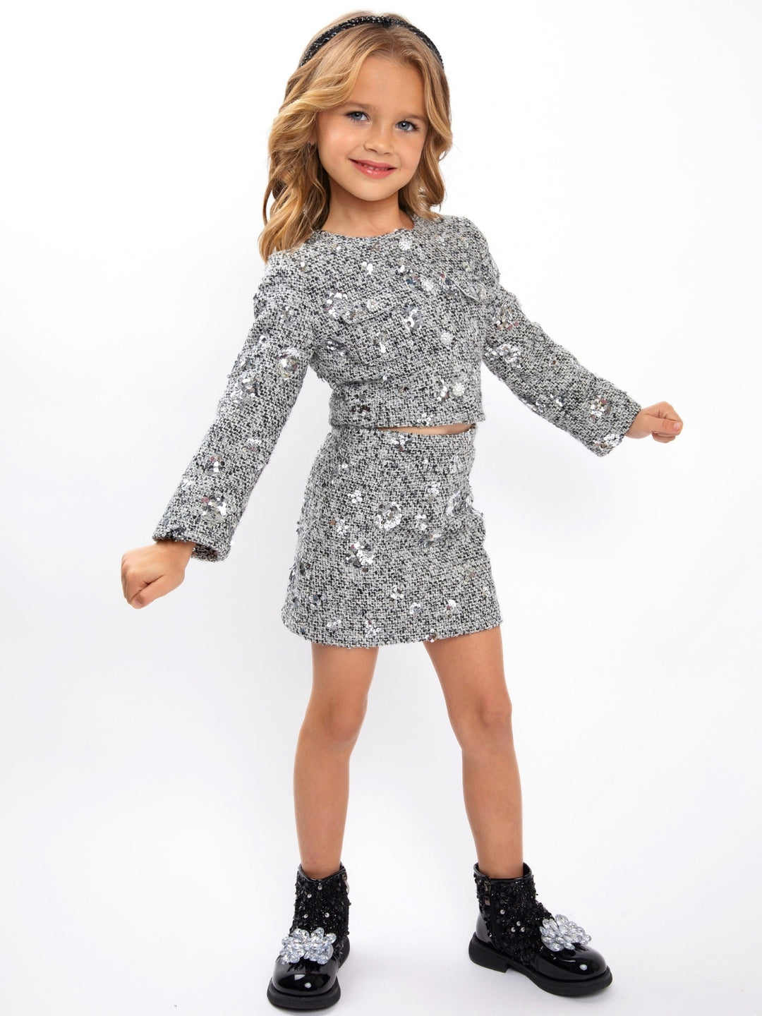 Girls Silver Sequin Tweed Jacket and Skirt Set