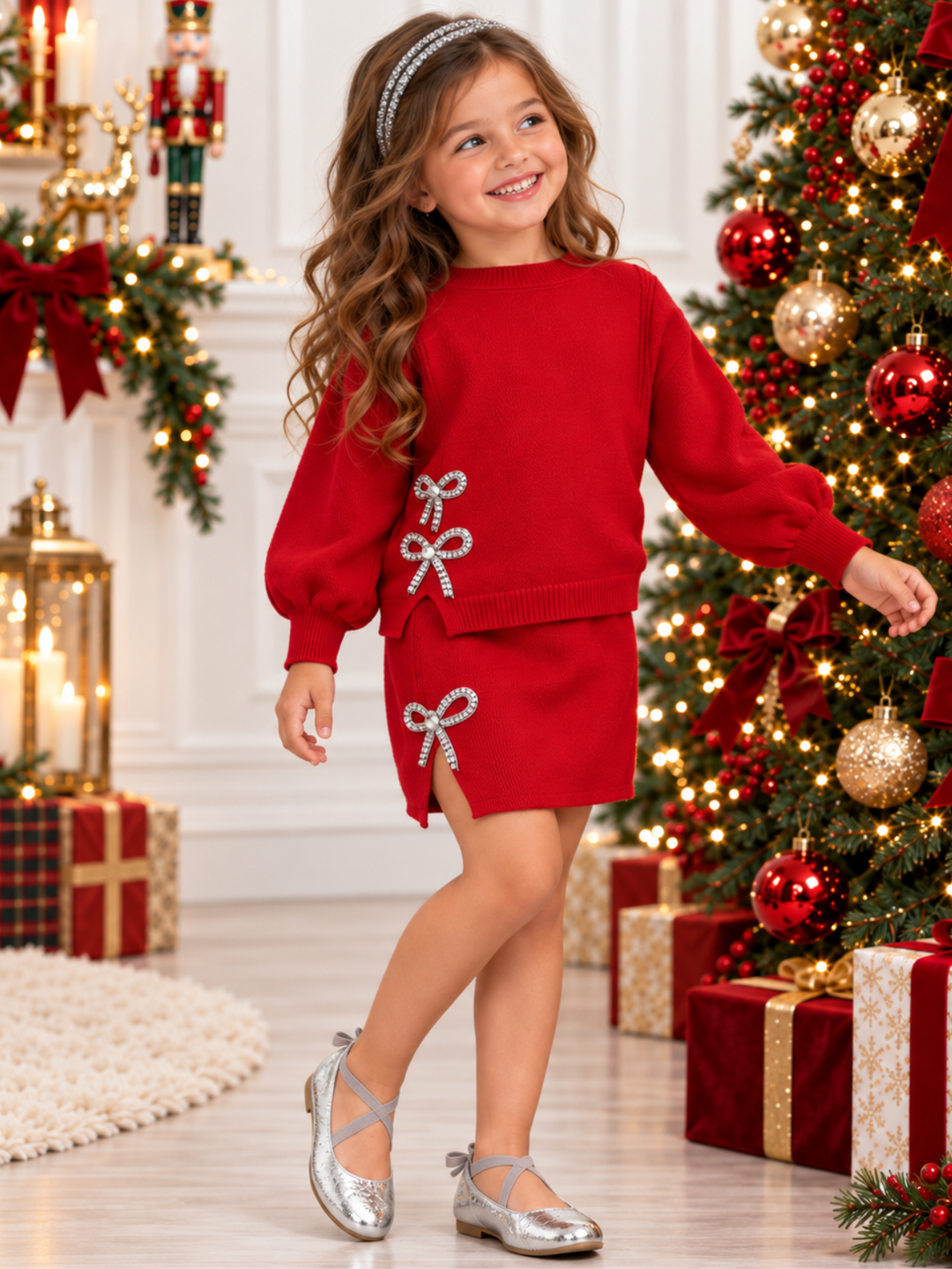 Girls Red Jeweled Bow Sweater and Skirt Holiday Set