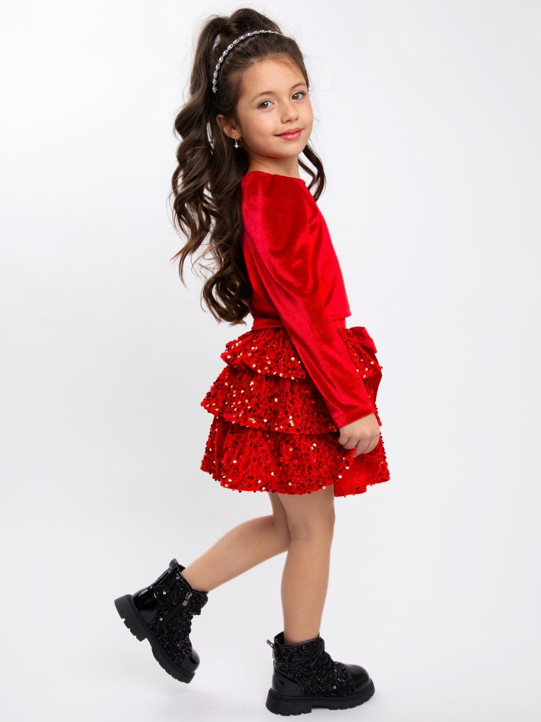 Red Velour Top and Sequin Tutu Skirt Set