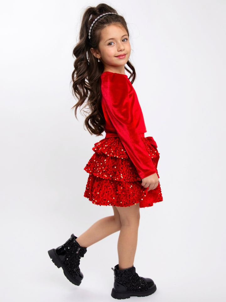 Red Velour Top and Sequin Tutu Skirt Set