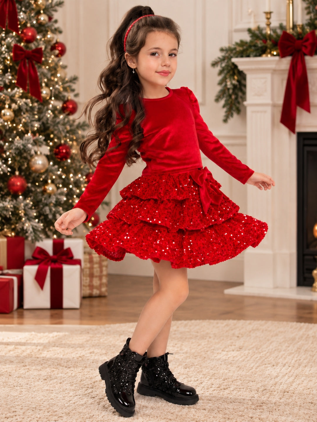 Red Velour Top and Sequin Tutu Skirt Set