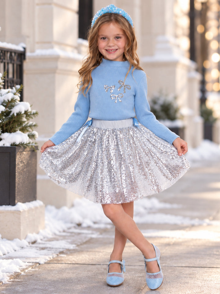 Winter Wishes Blue Sweater Top and Sparkle Tutu Skirt Set