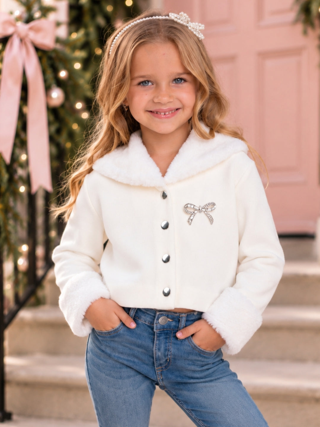 Winter Pearl Ivory Faux Fur Bow Jacket