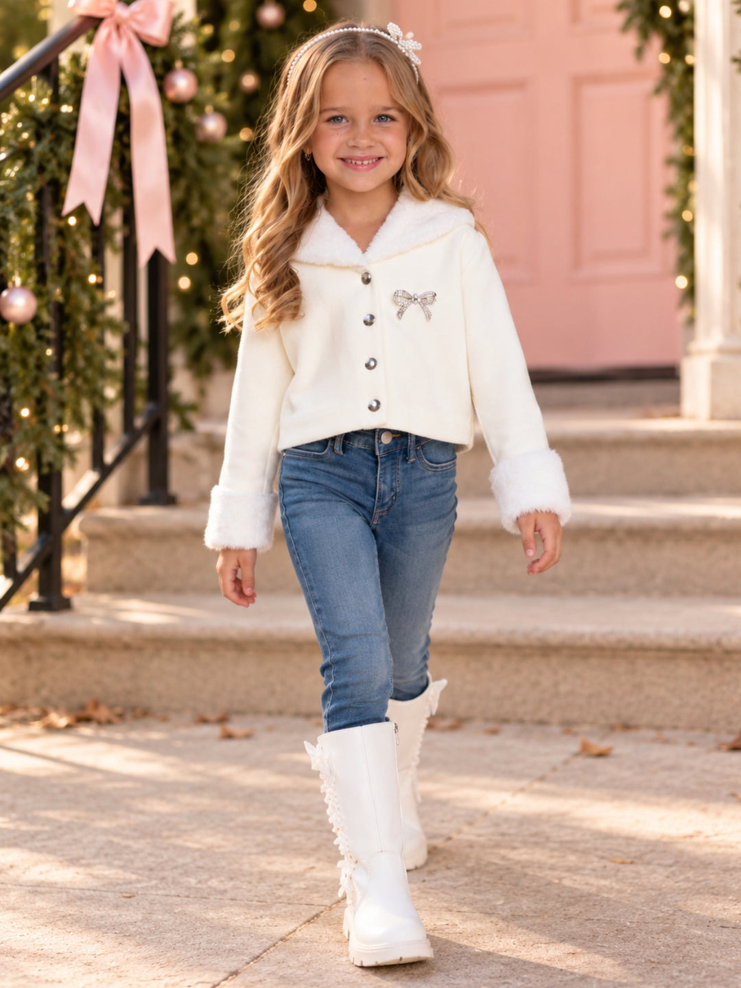 Winter Pearl Ivory Faux Fur Bow Jacket