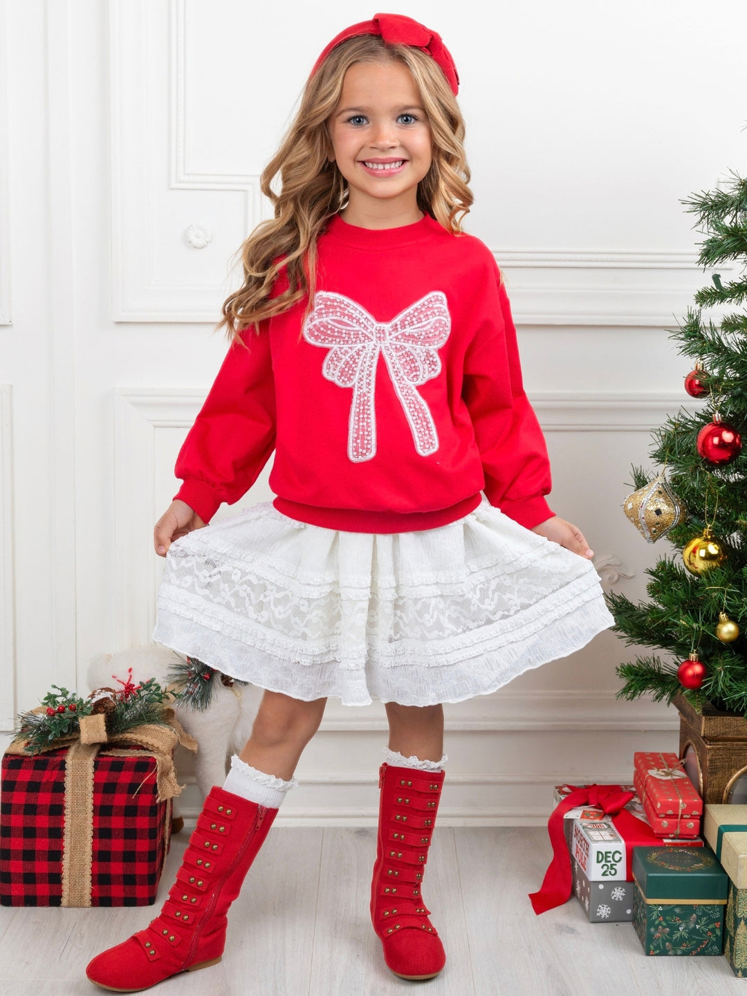 Girls Red Bow Sweatshirt and White Lace Skirt Set