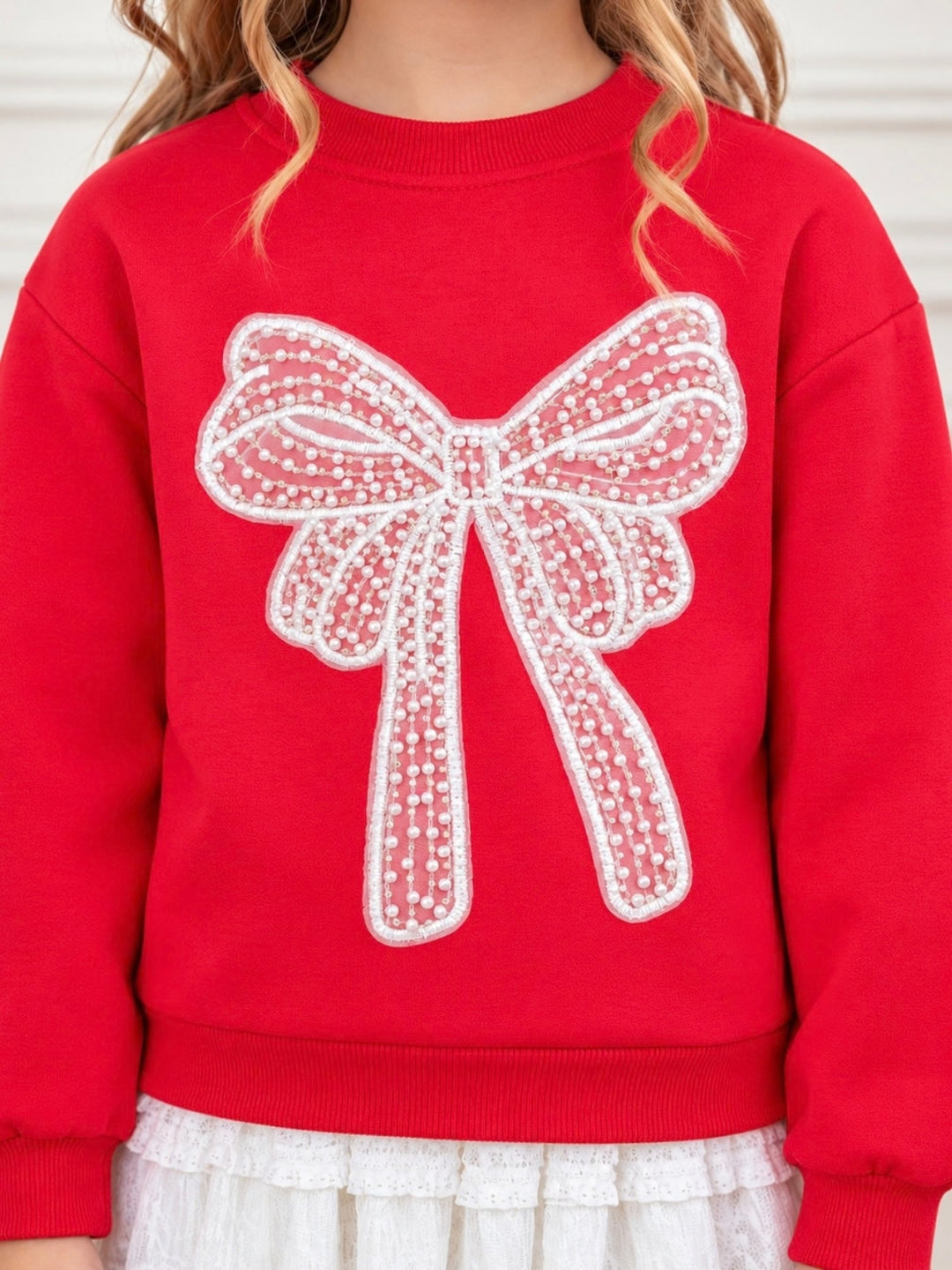 Girls Red Bow Sweatshirt and White Lace Skirt Set