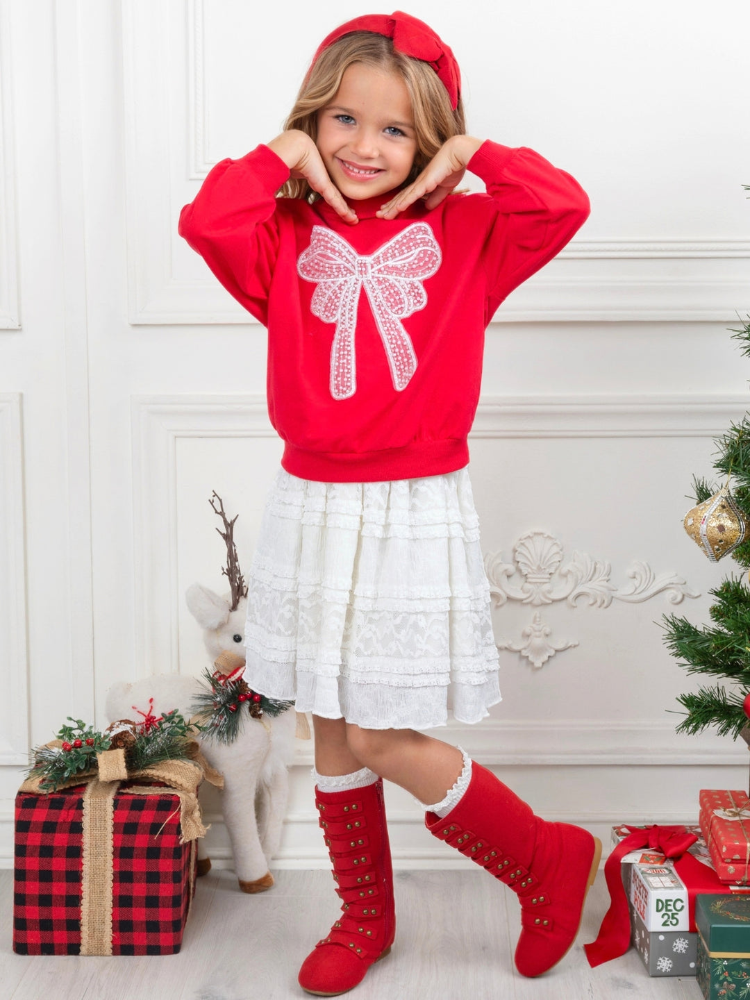 Girls Red Bow Sweatshirt and White Lace Skirt Set