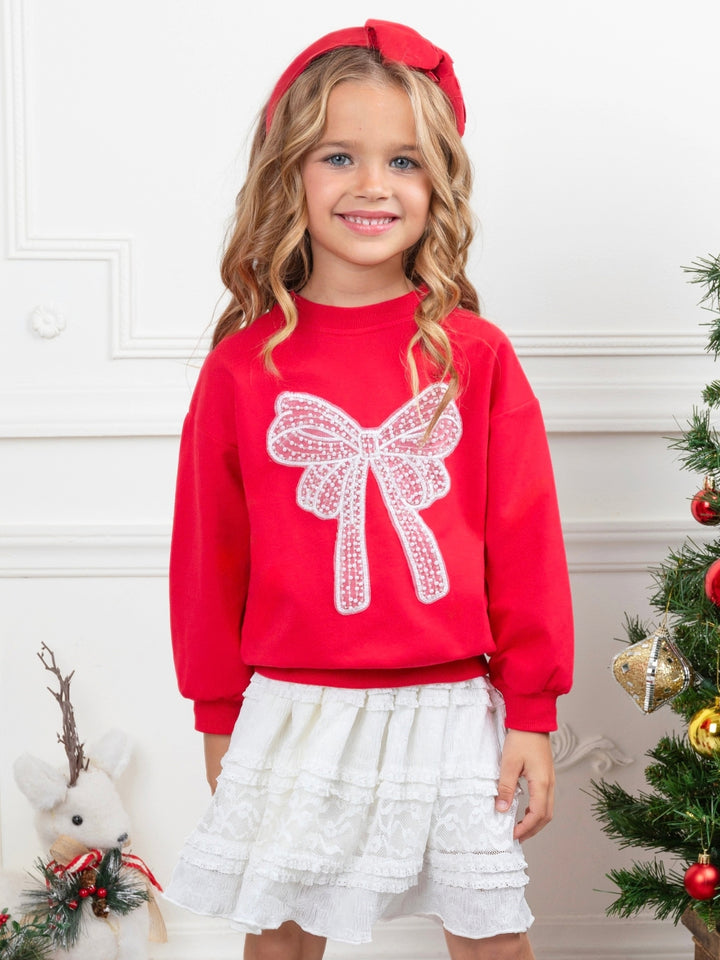 Girls Red Bow Sweatshirt and White Lace Skirt Set