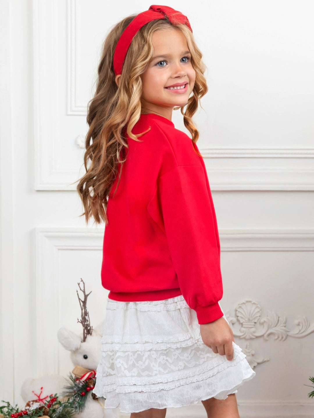 Girls Red Bow Sweatshirt and White Lace Skirt Set