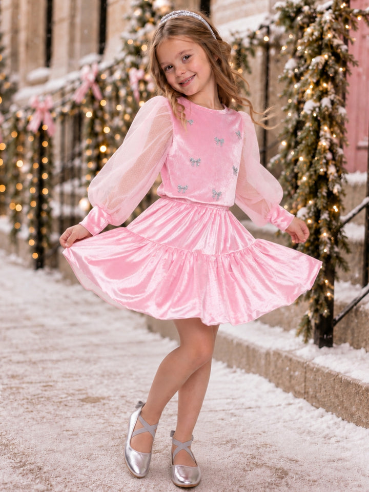 Pretty in Pink Bow Top and Bubble Velour Skirt Set