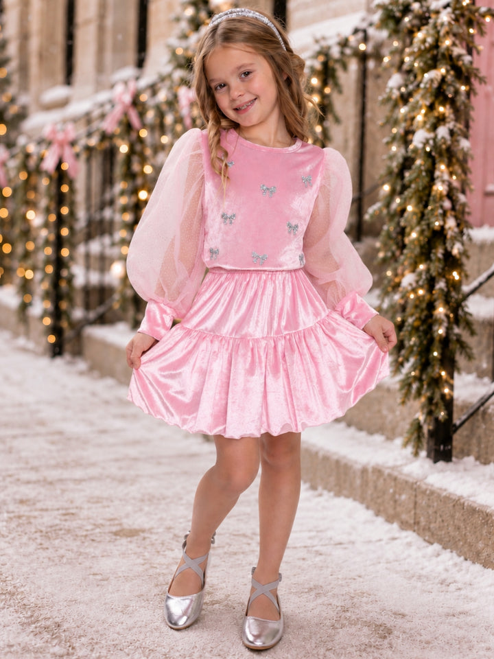 Pretty in Pink Bow Top and Bubble Velour Skirt Set