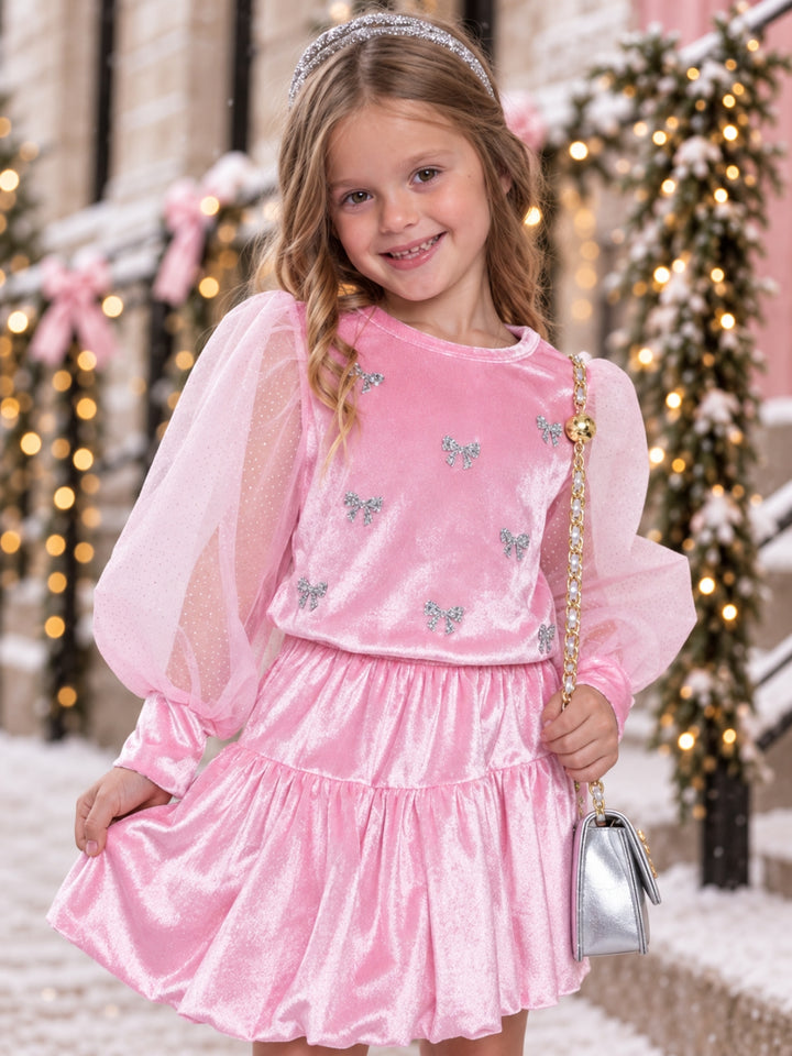 Pretty in Pink Bow Top and Bubble Velour Skirt Set