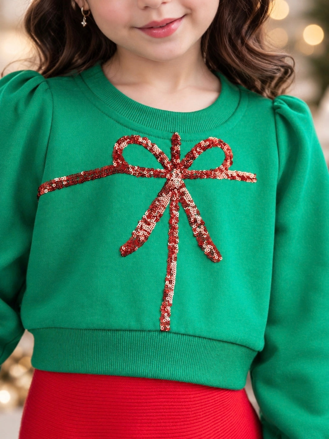 Girls Luxe Green Sequin Bow Sweatshirt and Red Skirt Christmas Set