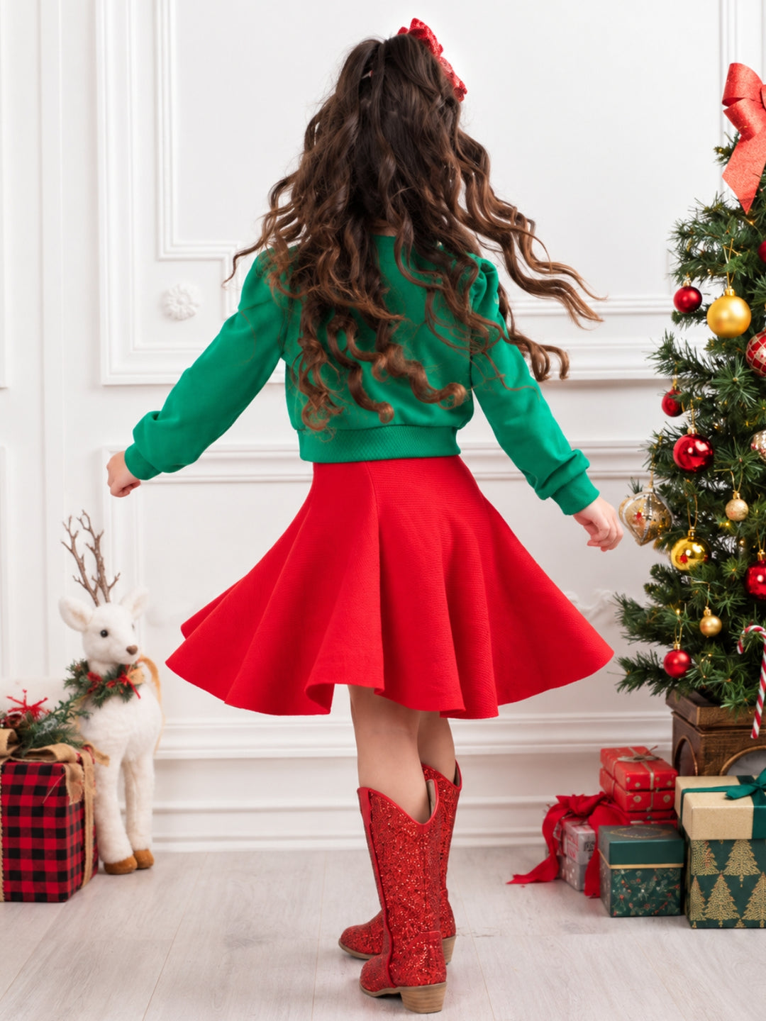 Girls Luxe Green Sequin Bow Sweatshirt and Red Skirt Christmas Set