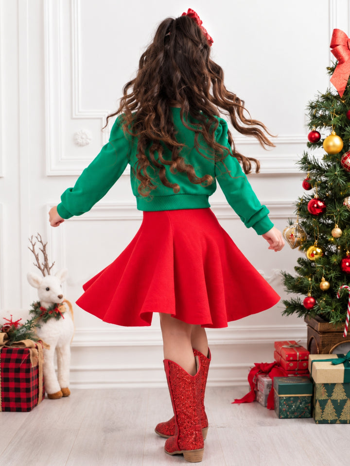 Girls Luxe Green Sequin Bow Sweatshirt and Red Skirt Christmas Set