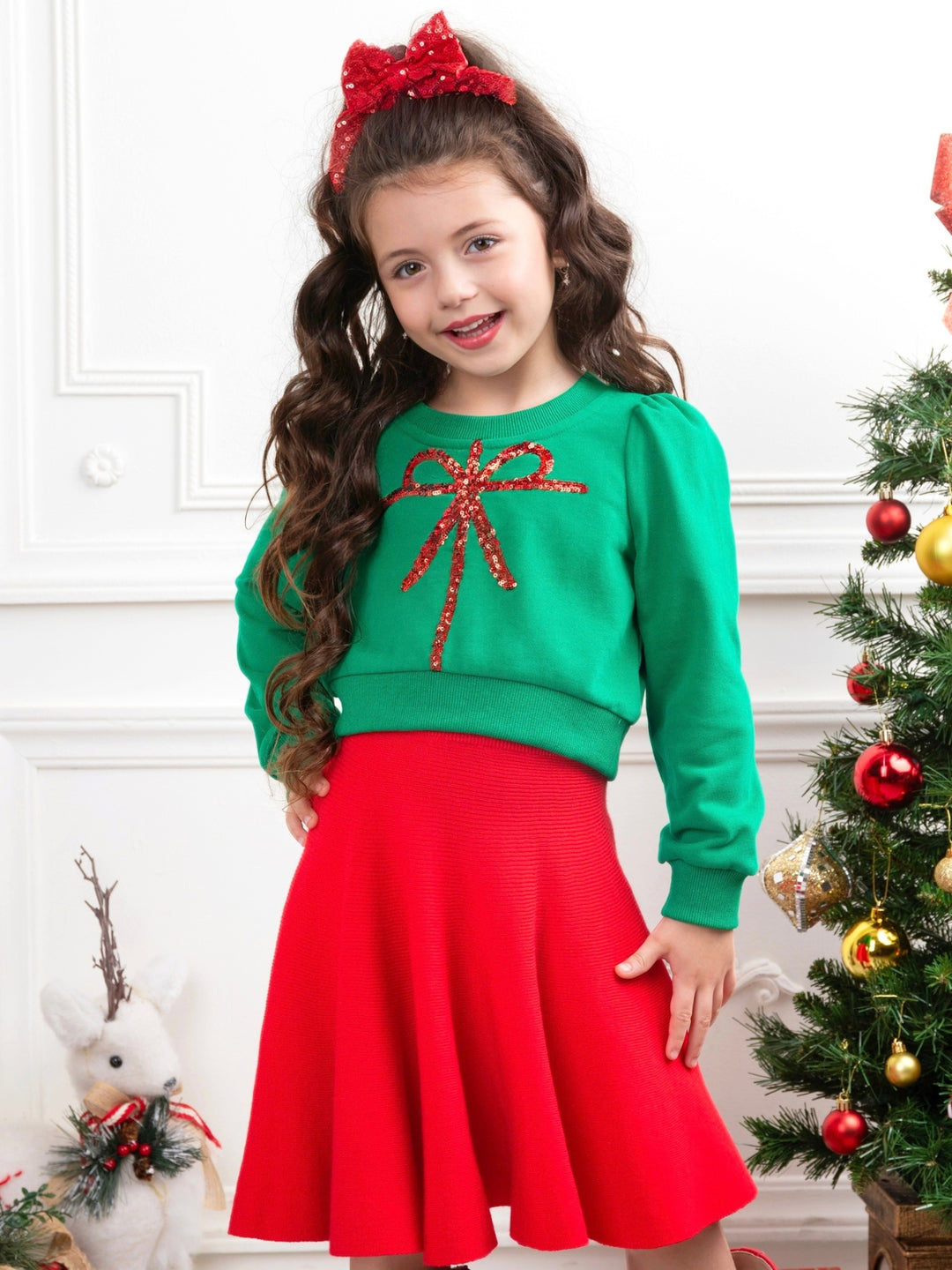 Girls Luxe Green Sequin Bow Sweatshirt and Red Skirt Christmas Set