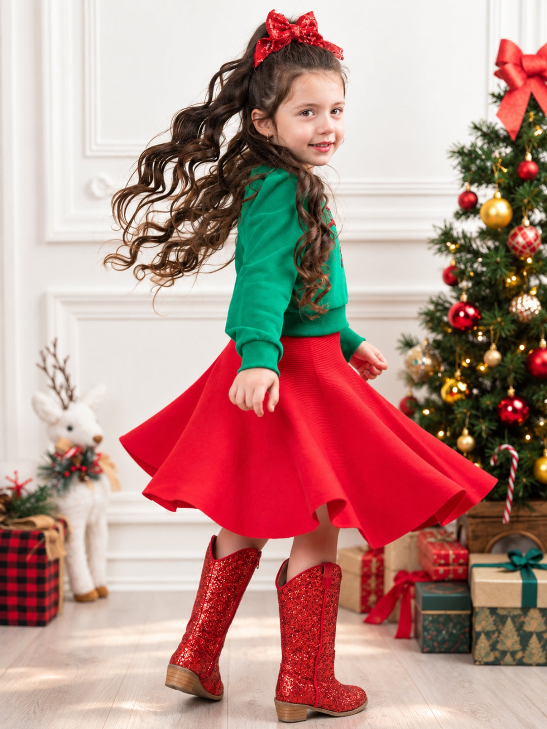 Girls Luxe Green Sequin Bow Sweatshirt and Red Skirt Christmas Set