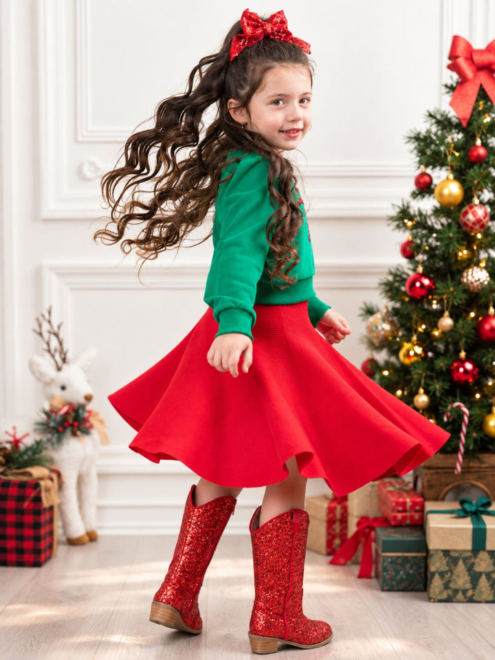 Girls Luxe Green Sequin Bow Sweatshirt and Red Skirt Christmas Set