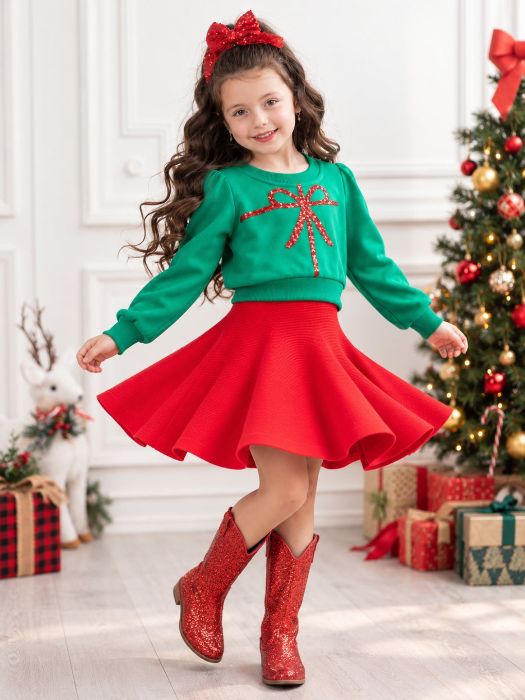 Girls Luxe Green Sequin Bow Sweatshirt and Red Skirt Christmas Set