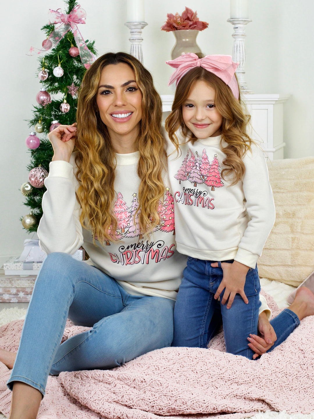 Mommy and Me Merry Christmas Pink Crewneck Sweatshirt Mia Belle Girls