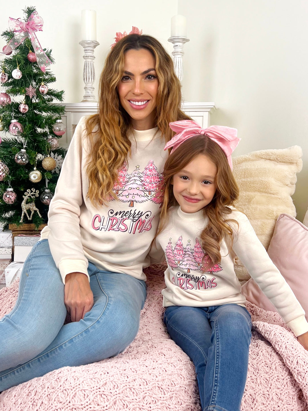 Mommy and Me Merry Christmas Pink Crewneck Sweatshirt Mia Belle Girls